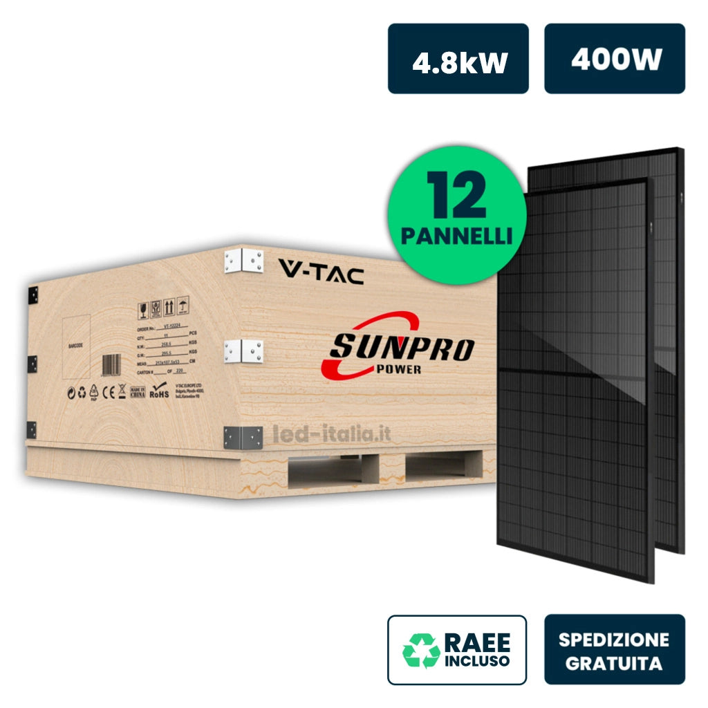 V-TAC Set 4.8kW (4800W) con 12 Moduli Fotovoltaici SUNPRO TIER-1 da 400W Classe 1, Monocristallini Full Black IP67/IP68 (SKU 11897) V-TAC Set 4.8kW (4800W) con 12 Moduli Fotovoltaici SUNPRO TIER-1 da 400W Classe 1, Monocristallini Full Black IP67/IP68 (SKU 11897)